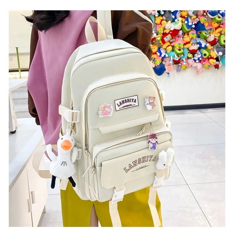 Solid Colored Teenager'S Backpack Set, Large Capacity Double Shoulder Bag, Easy Handbag And Coin Purse, Casual Crossbody Bag etc