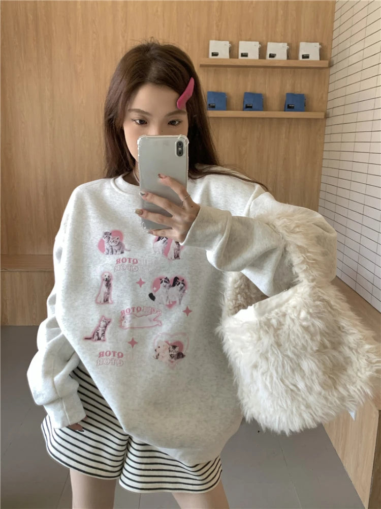 KOSAHIKI Cute Hoodies Women Letter Dog Print Sudaderas Mujer O-neck Sweatshirt Harajuku Streetwear Y2k Pullover Moletom Feminino
