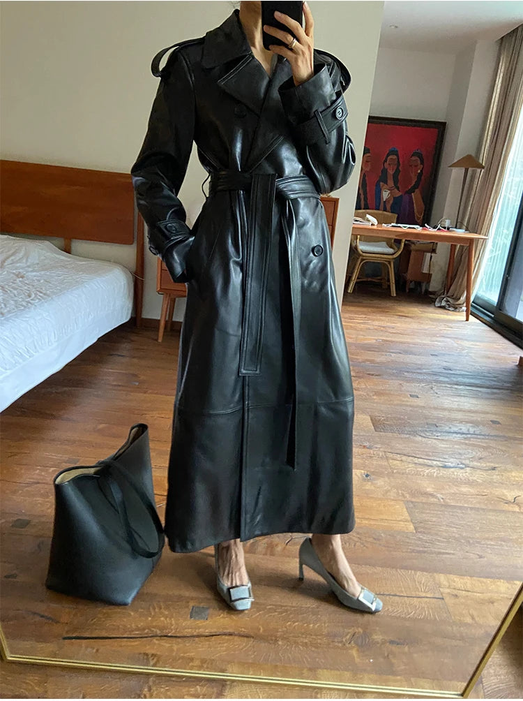 Women Leather Jacket Autumn Winter Black/Red Coffee Sheepskin Lapel Double Breasted  Belt Slim Show Tall Long Trench Coat Dress