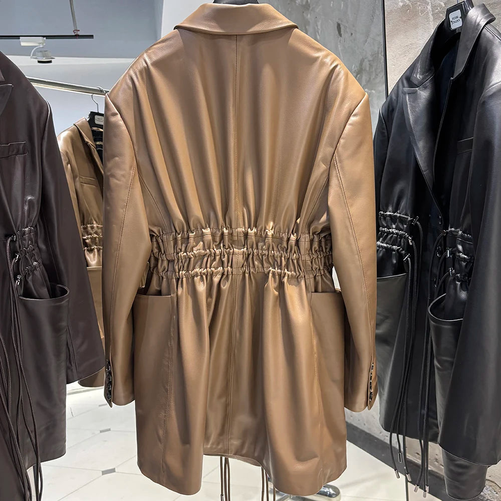 YOLOAgain Women's Leather Jacket Genuine Sheepskin Coat Single Breasted