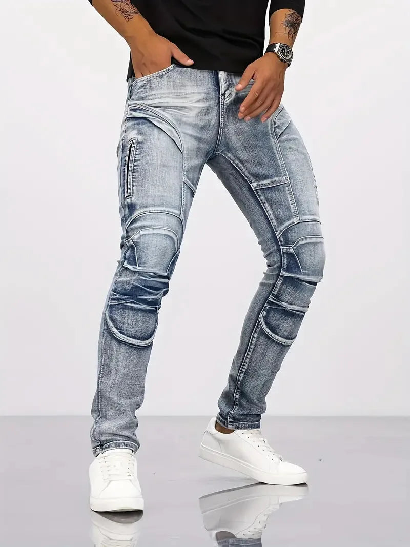 Two tone distressed patchwork jeans for men trendy jeans for summer thin straight leg pants slim fit small leg distressed jeans