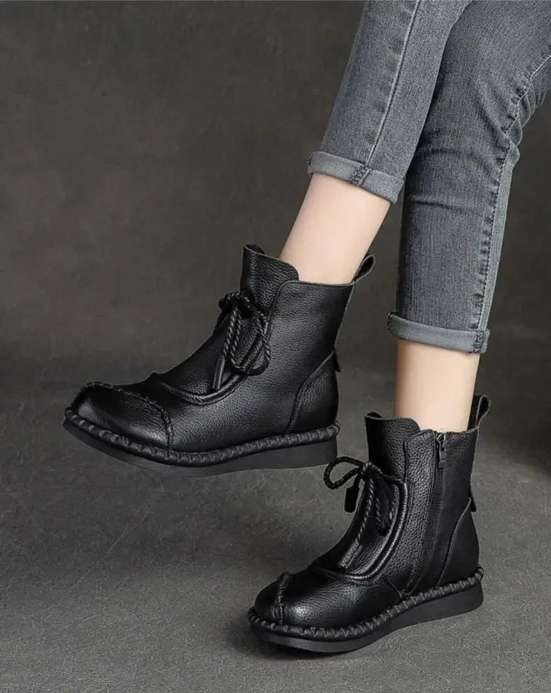 Women's Boots Spring Autumn New Retro Non-Slip Soft Bottom Flat Shoes Comfortable Soft Cowhide Ankle Boots