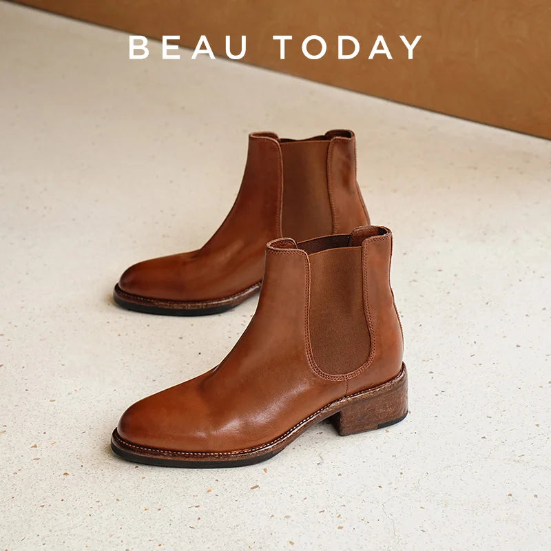 BEAUTODAY Ankle Boots Women Genuine Horse Leather Chelsea Booties Round Toe Elastic Band Vintage Ladies Shoes Handmade 03D64