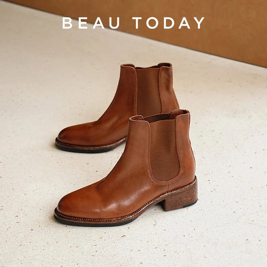 BEAUTODAY Ankle Boots Women Genuine Horse Leather Chelsea Booties Round Toe Elastic Band Vintage Ladies Shoes Handmade 03D64