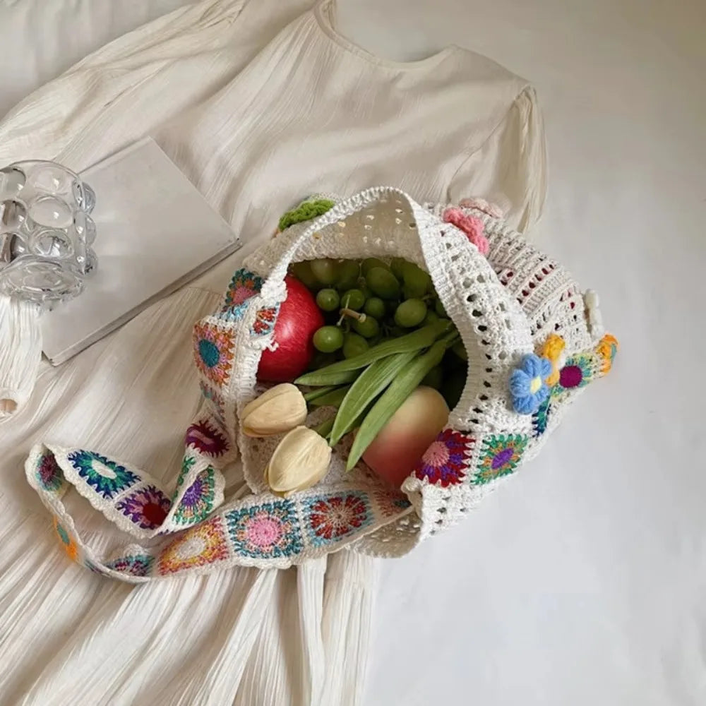 Fashion Large Capacity Women Shoulder Bag Floral Crochet Vintage Handbag Boho Hollow Out Knitted Crossbody Bags