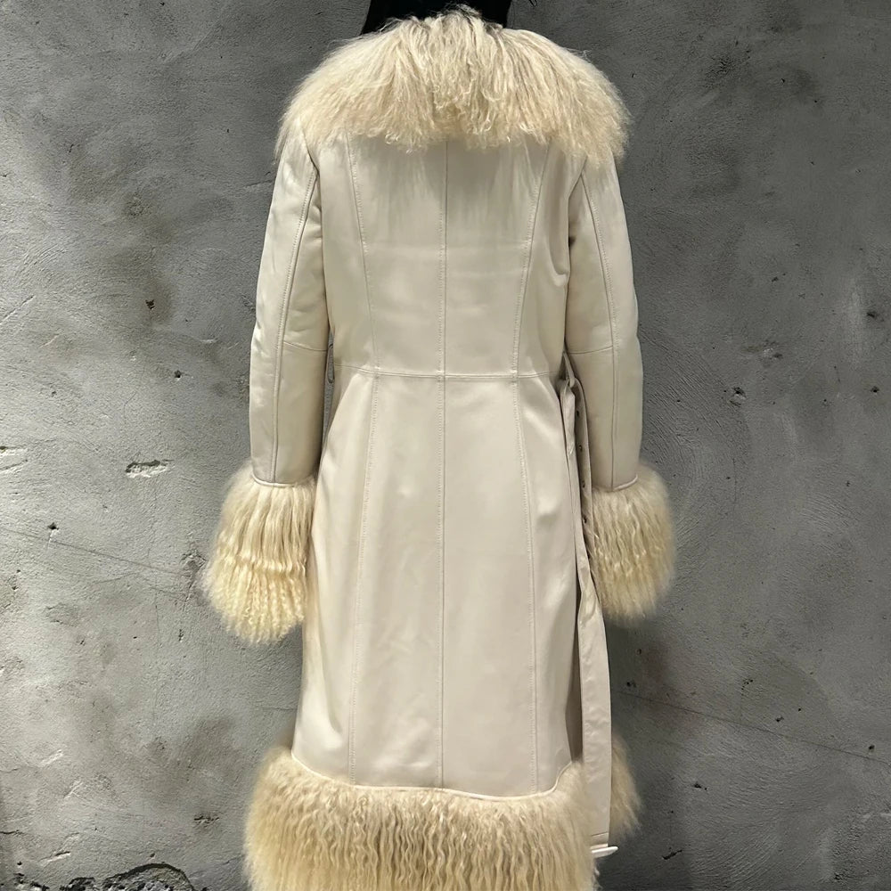 Winter Suede Long Fur Coat Mongolia Long Sheep Fur Collar New Arrival Camel Fur Jacket