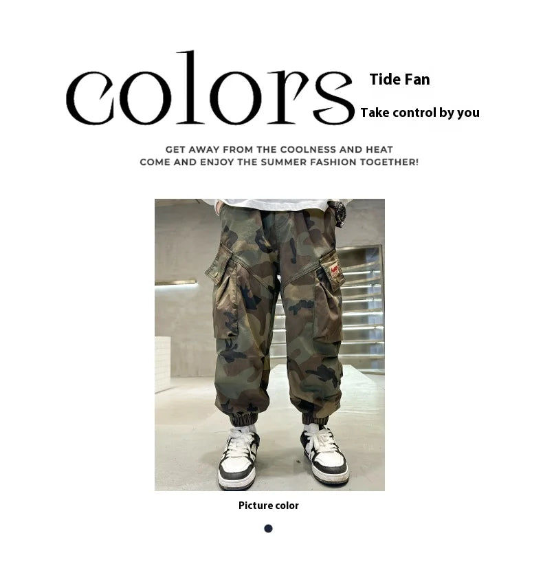 Boys' camouflage pants, fashionable flip pocket work pants, autumn clothes, teenagers' sports ankle tied pants, suitable for com