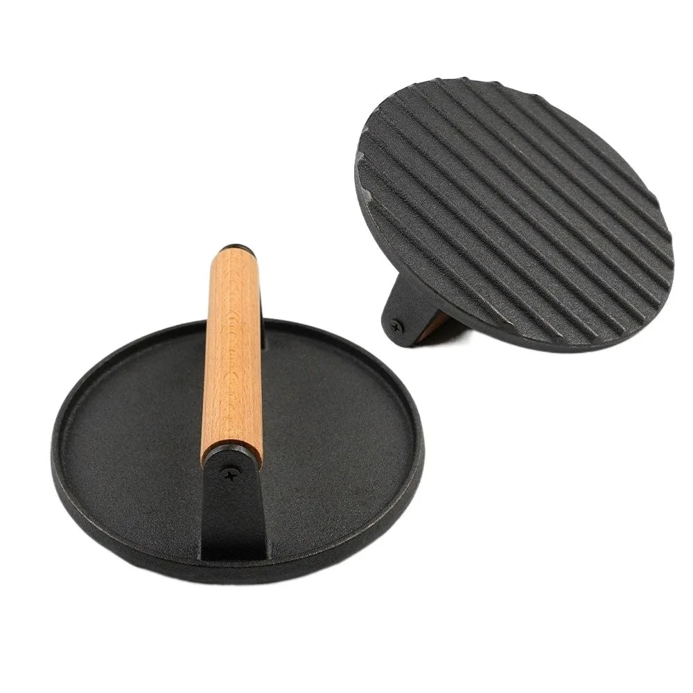 Cast Iron Meat Press Board Heavy-Duty Flat Top Steak Burger Press Wooden Handle Round Rectangular Grill Hamburger Grinder