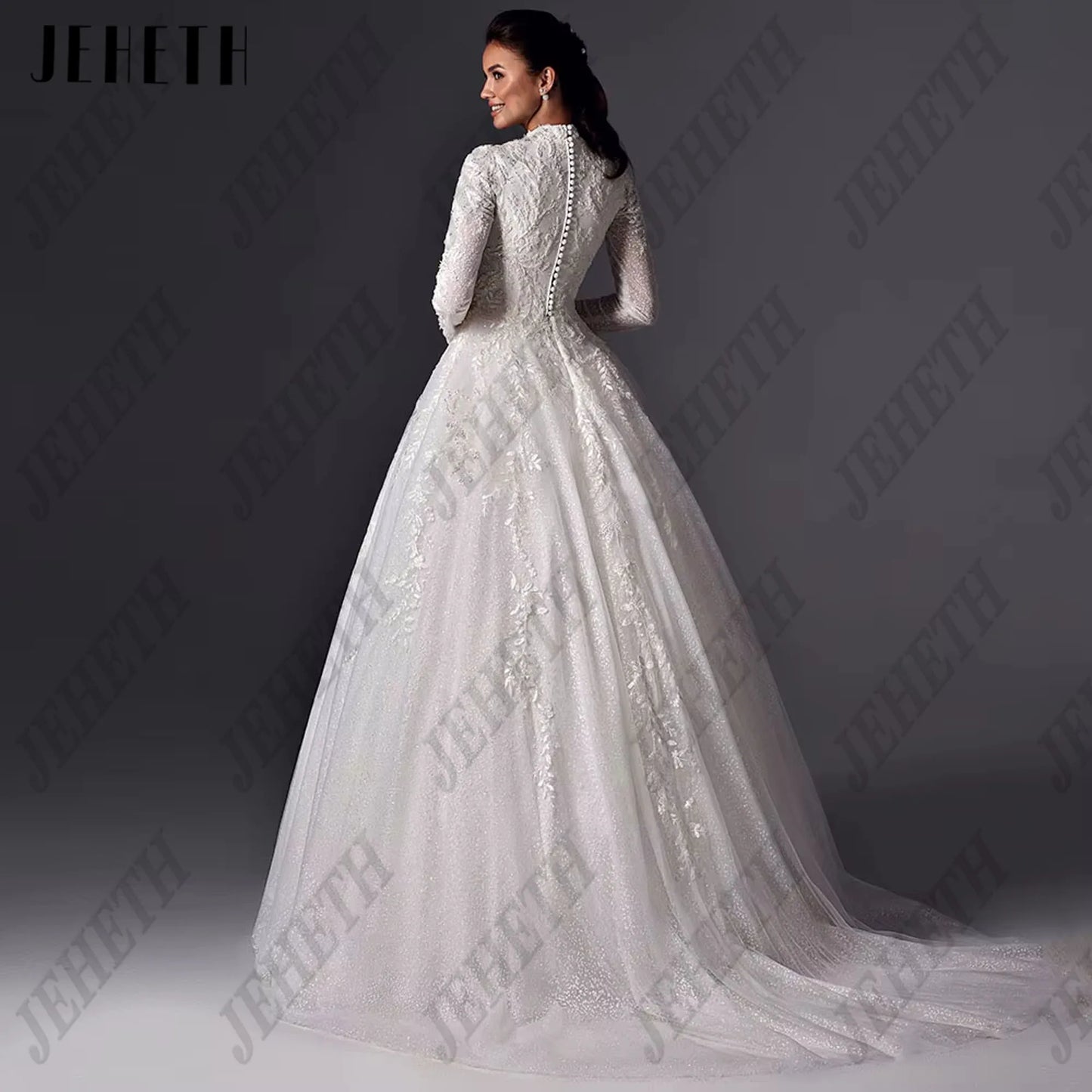 JEHETH Muslim A-line Wedding Dress Satin Wedding Dress High Neck Wrinkle Stickers Full Set Wedding Dress  Simple 2025 Customized