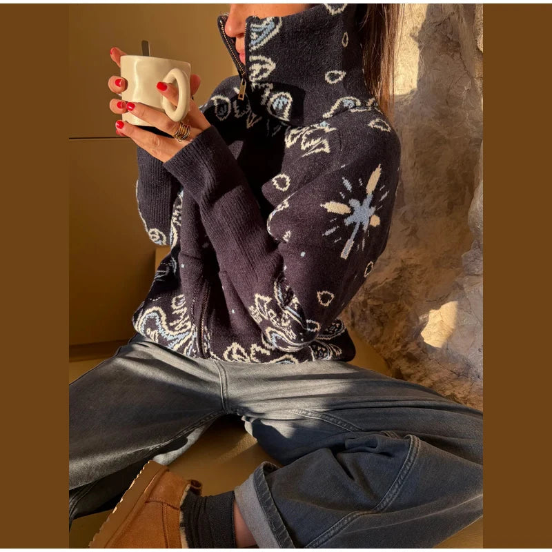 Jacquard Knitted Women's Cardigan Sweater Fashion Zipper Loose Pocket Casual Lady Sweaters 2026 Spring Street Long Sleeve Top