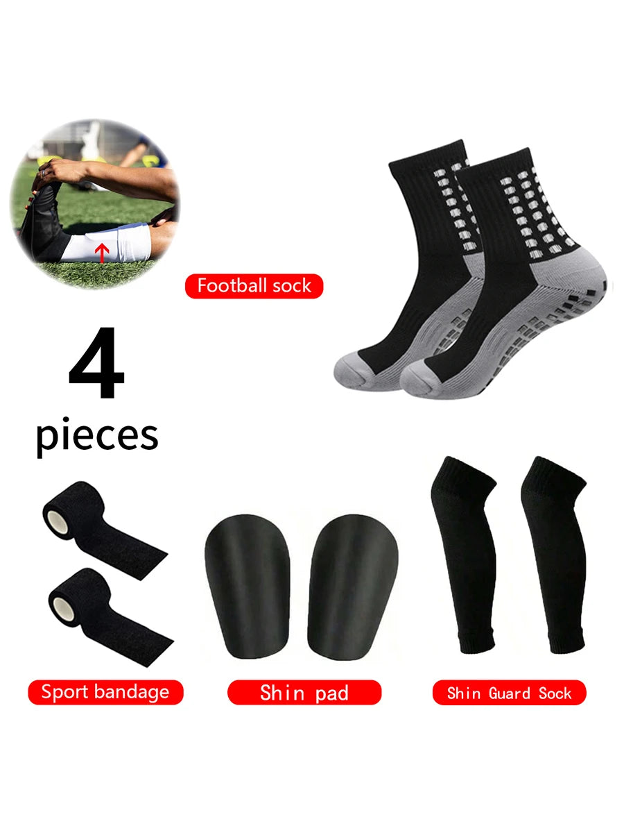 4 Pieces Football Accessories Outdoor Football Socks Non-slip Sports Socks Bandages   Shin Pads Calf Compression Socks