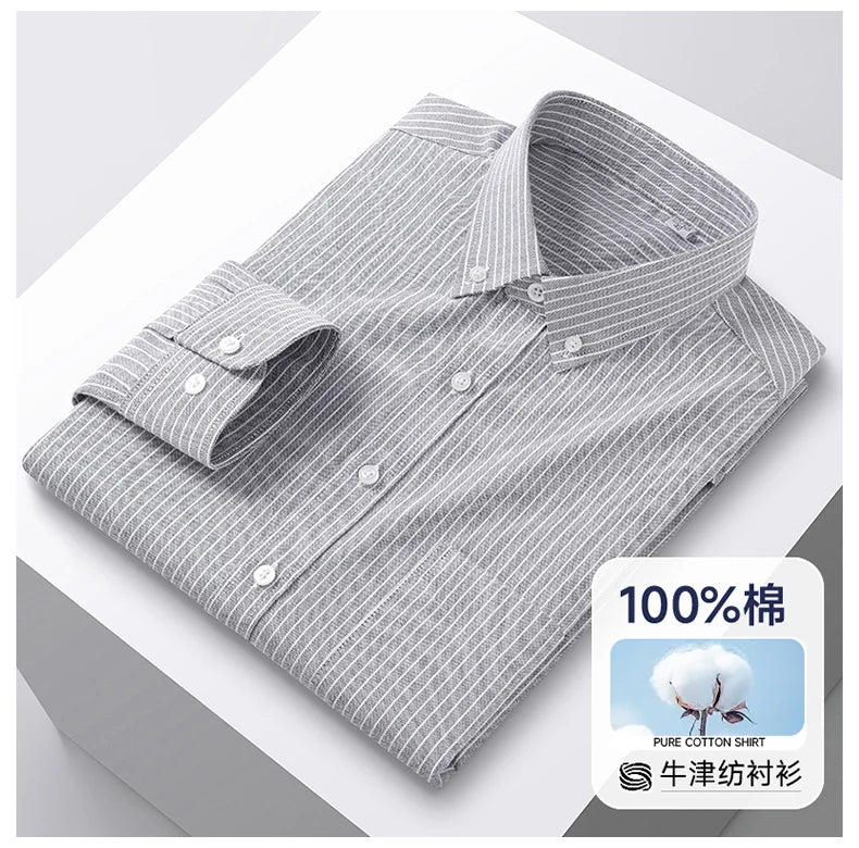 100% Cotton Men's Oxford Shirts Spring Autumn Long Sleeve Basic Casual Solid Striped Button Down Social Business Formal Plus 5XL