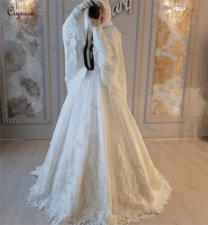 Customized Islamic Muslim Hijab Wedding Gowns 2026 Bride A-Line Long Sleeve Bridal Dress Lace Arabic Dubai Robe De Mariée