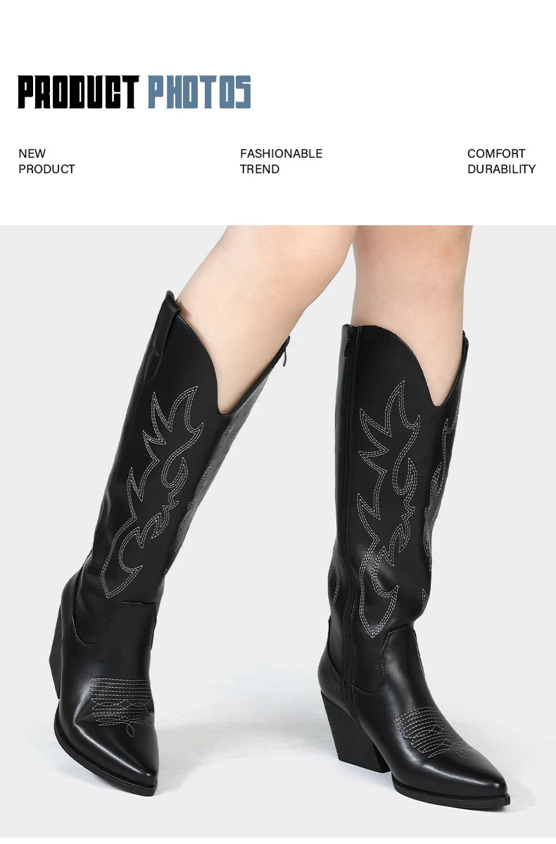 Shoes for Women New Embroidered Western Cowboy Boots Women Autumn Pointed Toe Thick Heel High Knee Boots