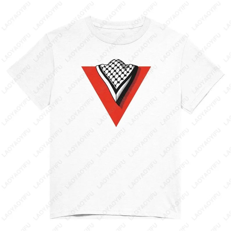 Palestine Heart Shape with Flag Colors Unisex Cotton T Shirt Summer Round Neck Tee for Men and Women Love Theme