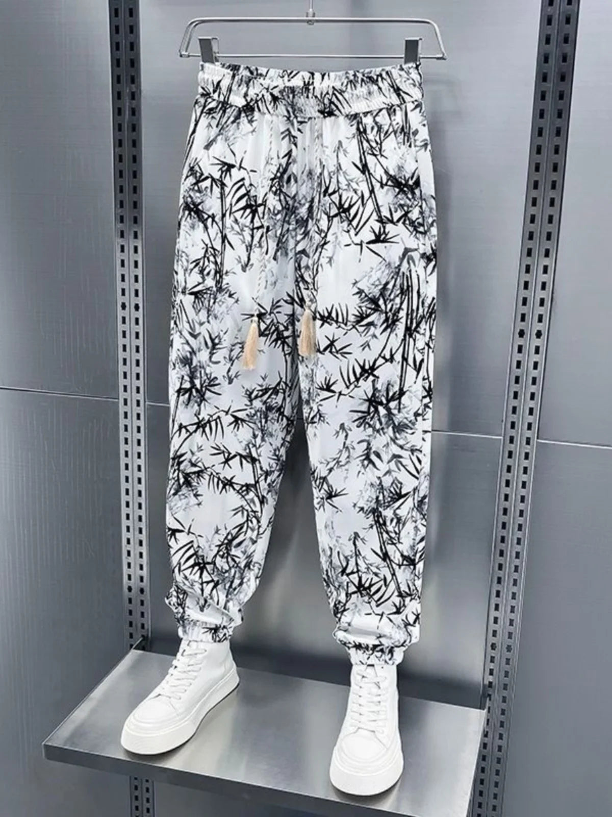 Ice Silk Men's Casual Fashionable Bamboo Leaf Print Sports Pants Loose Fit Long Trousers Youth Summer Active Wear