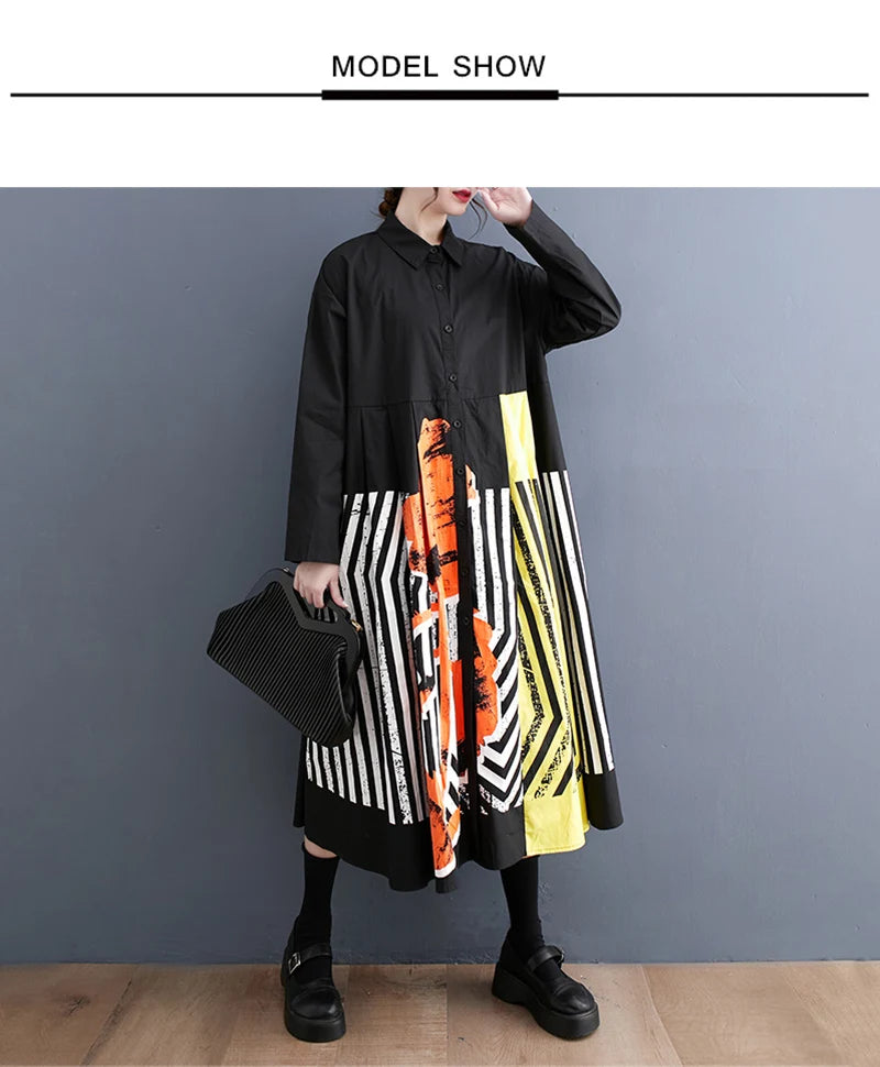 Long Sleeve Patchwork Vintage Print Dresses For Women Loose Casual Midi Dress Robe Fashion Elegant Clothing Spring Autumn 2025