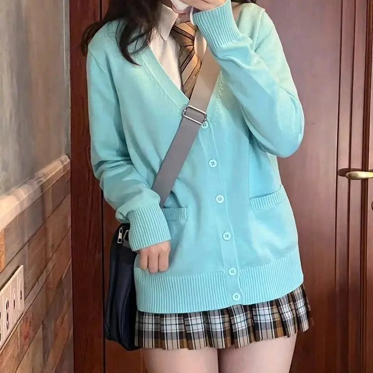 Loose Long Sve Knitted Pink Sweater Jk School orm Sle Women's Open Cardigan Coat Autumn Season Sweet Sle V Ne