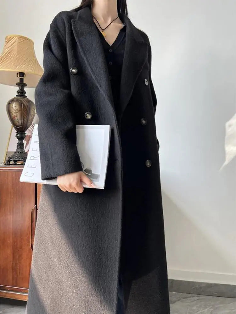 Office Lady Woolen Jackets 2024 Autumn And Winter Suit Collar Double Breasted Warmer Yak Hair Loose Long Women's Wool Coats