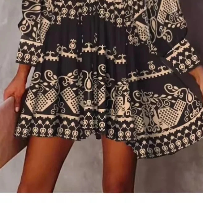 New Women's Spring Loose  V-neck Full Body Printed Fashion Short Skirt Pullover Long Sleeve Dress Bodycon Dress  Summer Dress