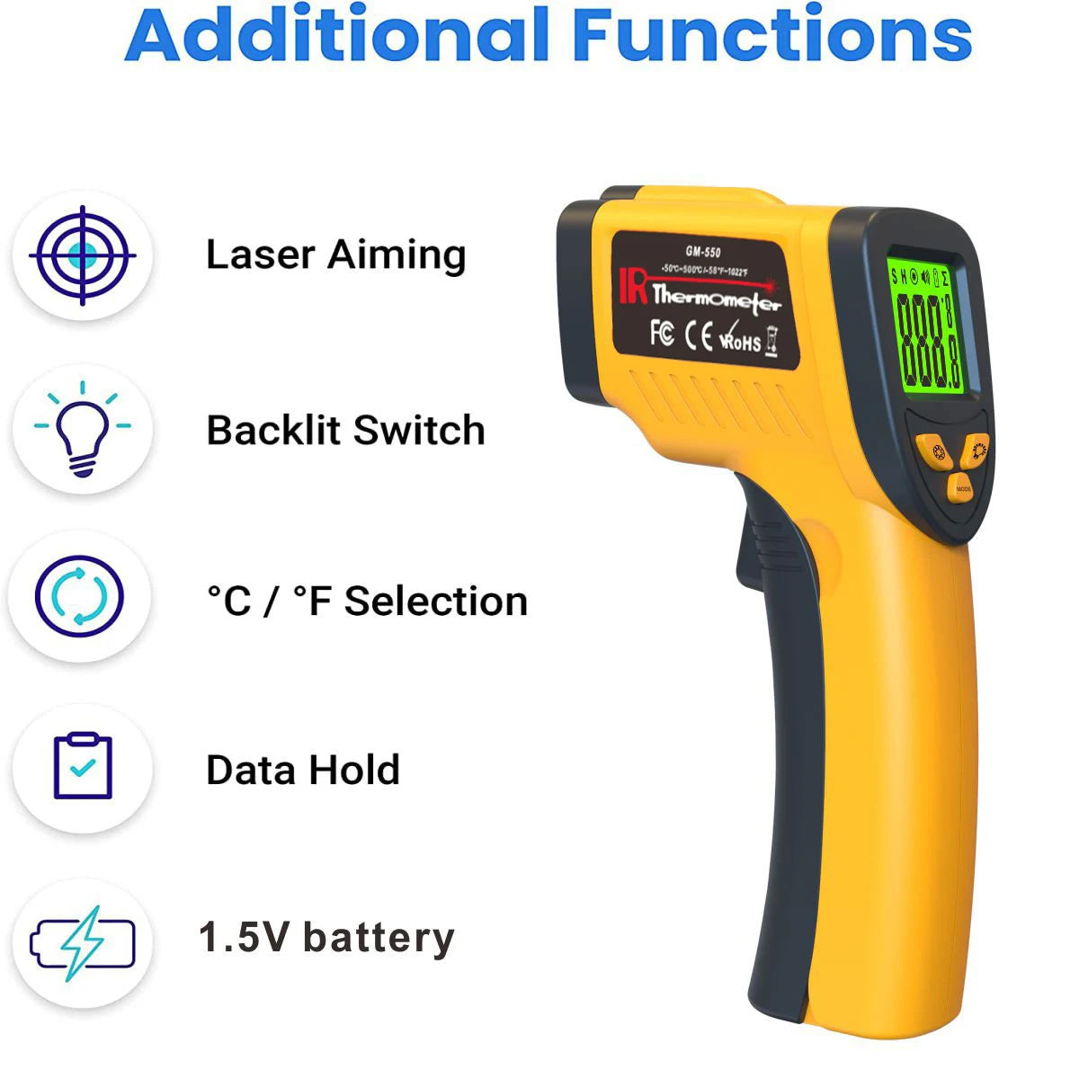 LAOLAU GM550 Infrared Thermometer Non-contact Laser Temperature Gun Handheld Temperature Sensor Handheld Digital Pyrometer 500°C