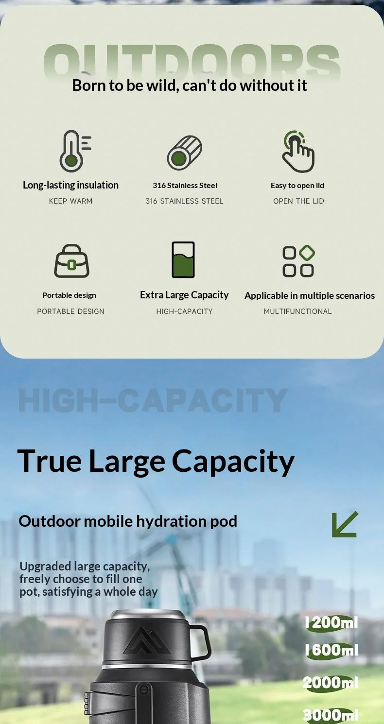 Double Wall Vacuum Insulated Water Bottle 1L 316 Stainless Steel Large Capacity with Handle Leak Proof for Car Outdoor Gym