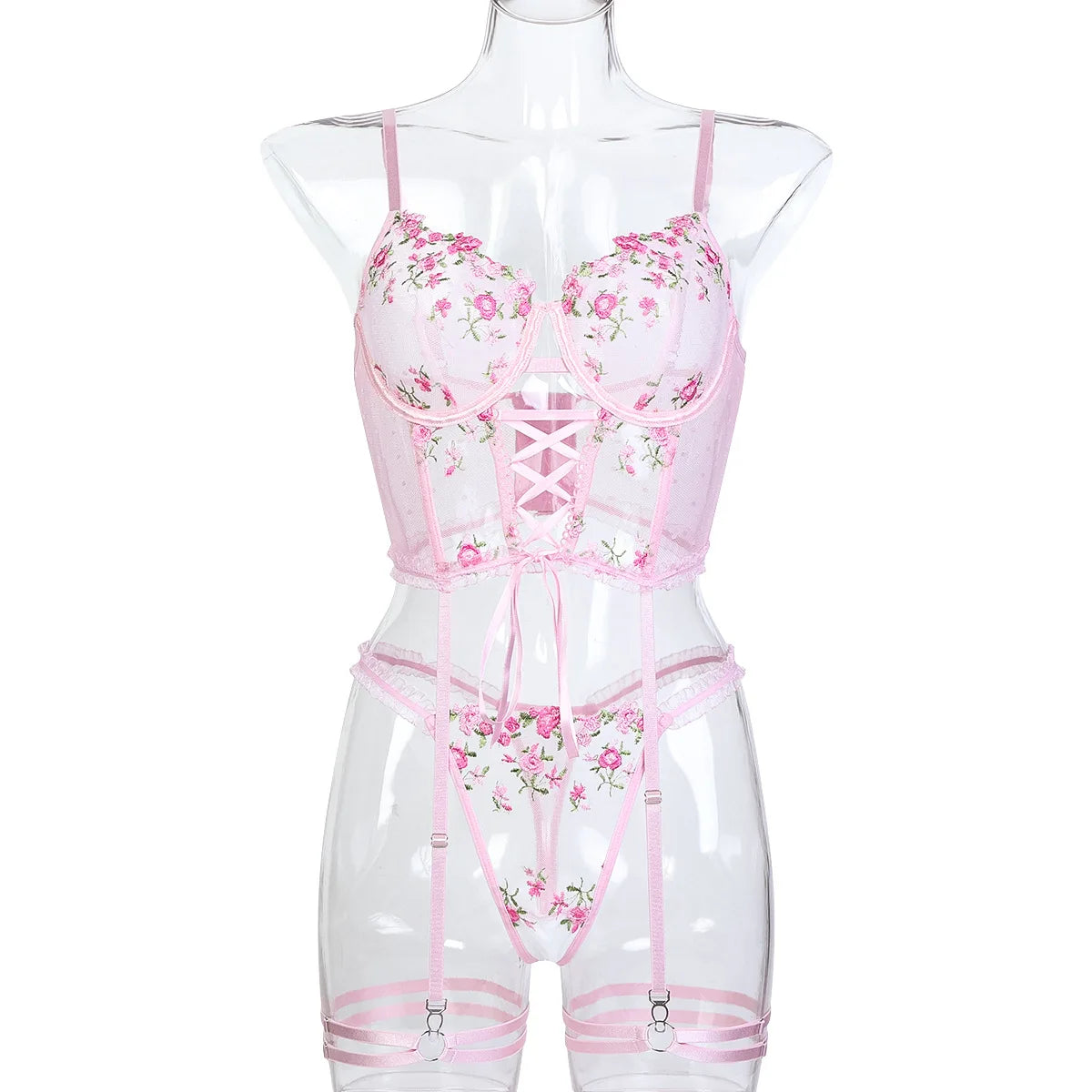 Lingerie Embroidery Printing Bra Garters Set For Women Mesh See- Through Hollow Out Exotic Sexy Underwear Suit