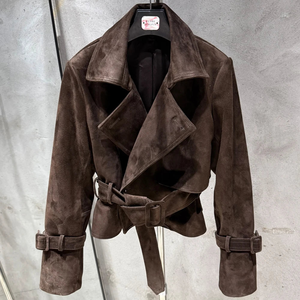 Women Suede Leather Jacket Ladies Casual Fashion Jacket 2025 New Coming Sheepskin Coat