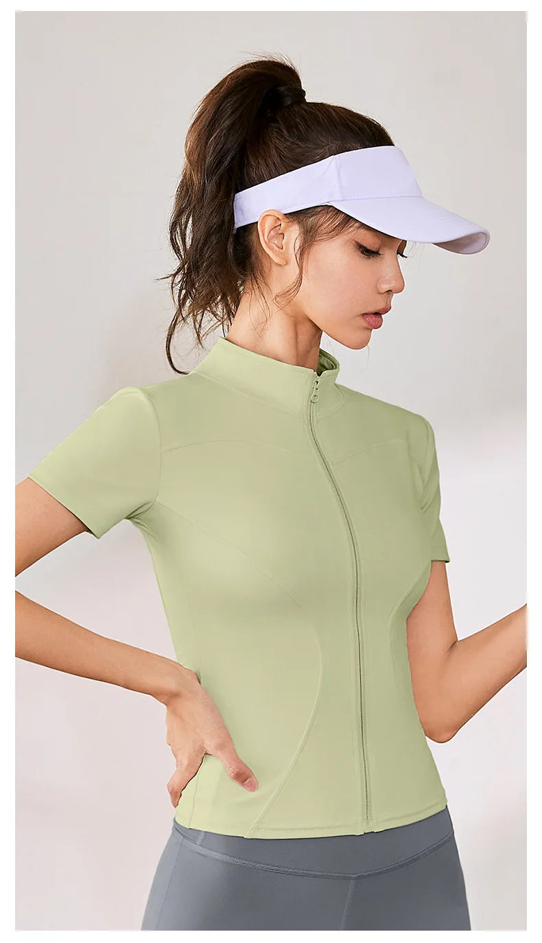 Summer High Quality Waist Slimming Training Tops Women's Quick-drying Tight Stand Collar Full Zipper Short Sleeves Yoga shirts
