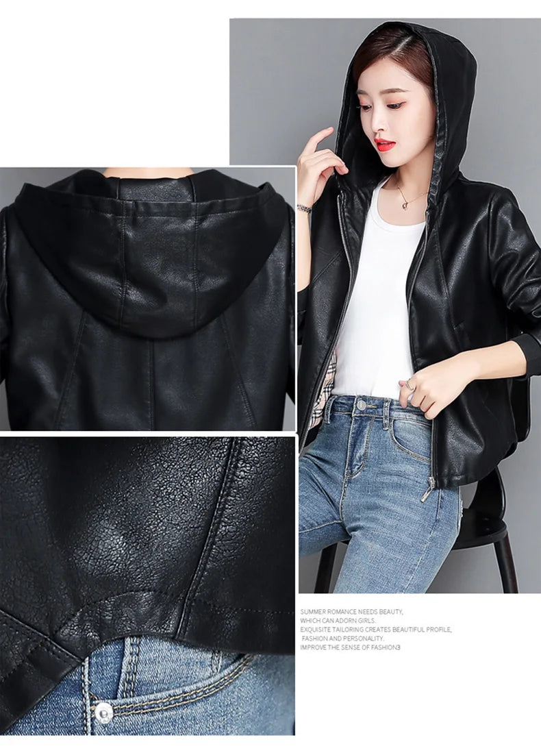 New Women Casual Leather Jacket Spring Autumn Fashion Hooded Zipper Split Leather Loose Outerwear Short Sheepskin Tops Coat