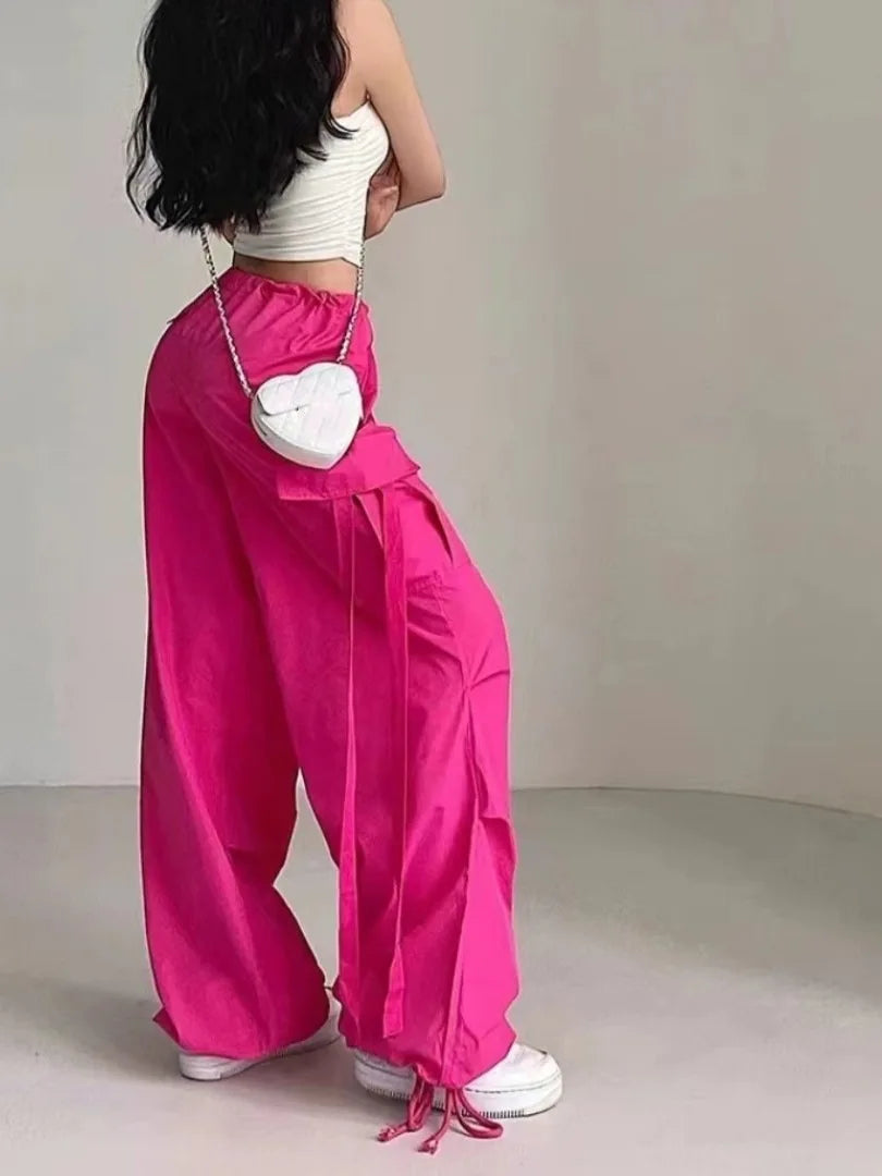 Pink Sash Loose Wide Leg Pants Women's Spring Summer Thin Drawstring Trousers Casual Loose Long Pants Trendy Commute Style