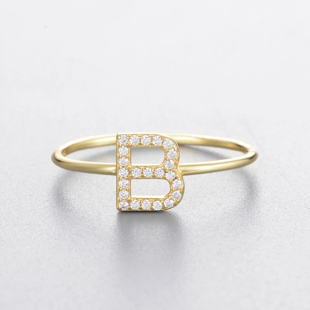 925 Sterling Jewelry A-Z 26 Letters Name Initial Rings Gold Plated Silver Fashion Simple S925 Ring Zircon Round Brilliant Cut