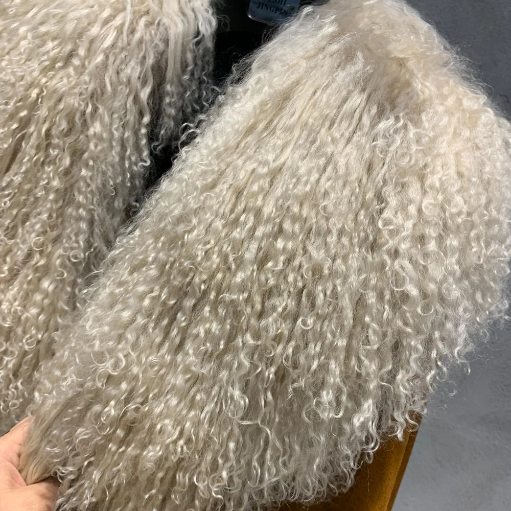 Suede Coat Fur Collar Women Autumn Genuine Sheepskin Coat Long with Mongfolian Fur Trim