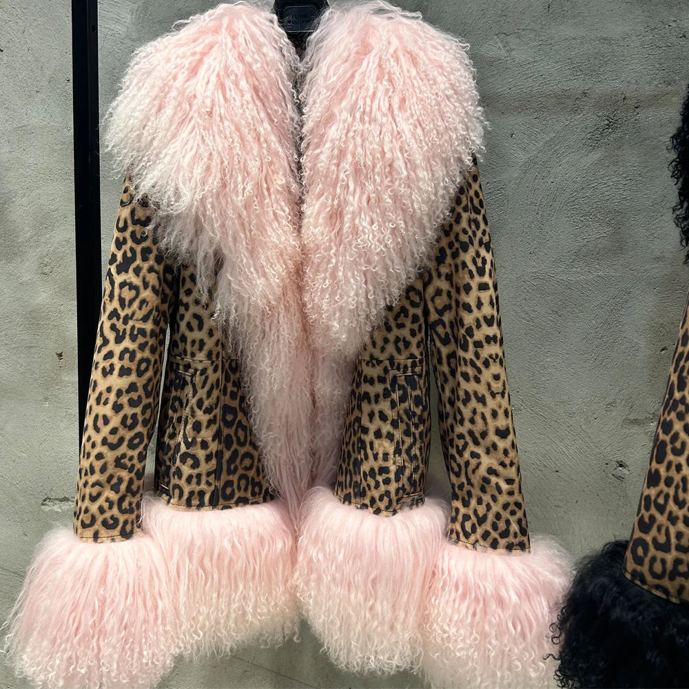 Black Suede Mongolian Sheep Fur Coat Women Fur Jacket with Long Sleeve New arrival Winter Real Fur Coat