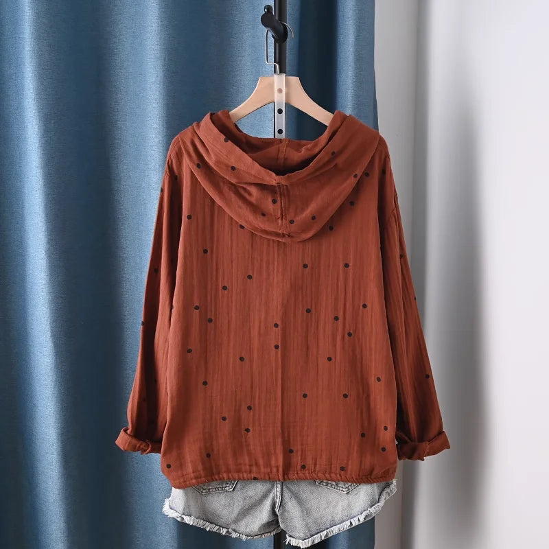 2025 Middle-aged women's clothing 100% cotton yarn hoodies polka dot print shirts long sleeve blouses for women hooded tops