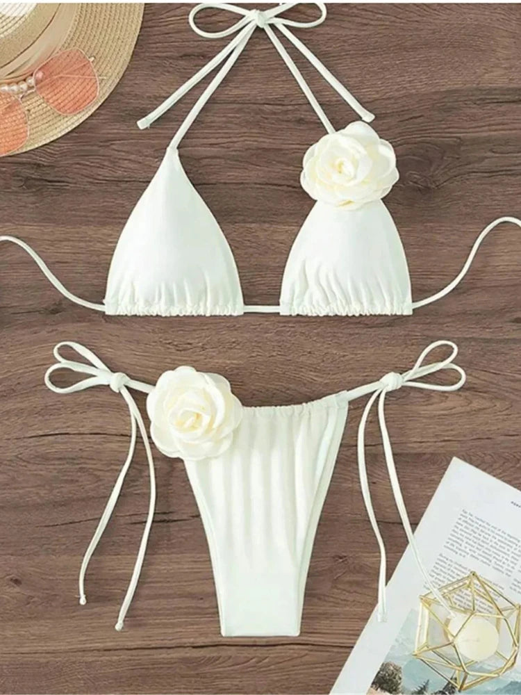 S - XL Sexy 3D Flowers Halter Strappy Bikini Women Swimwear Female Swimsuit Two-pieces Bikini set Bather Bathing Suit Swim