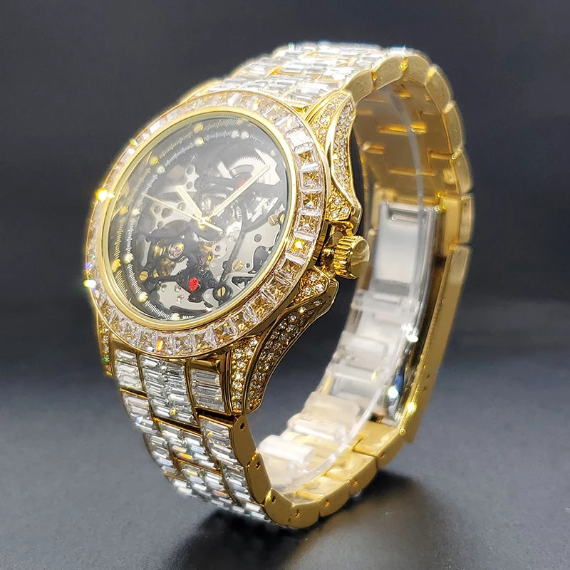 Automatic Watch For Men Diamond Luxury Hip Hop Street Style Luminous Men Mechaincal Watches With Baguette Zircon Bracelet Clock