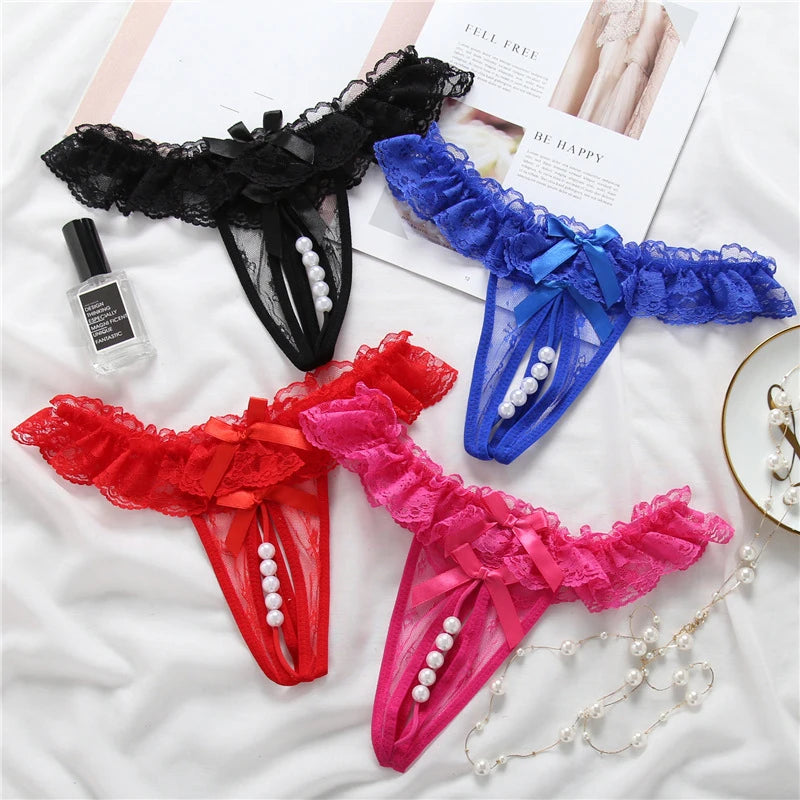 Thong Women Open Crotch Pearl Embellished Sexy Lace Underwear Fashion Lingerie Set Valentine Gift for Her