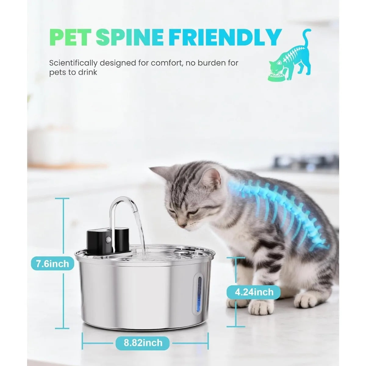 ATUBAN Wireless Cat Water Fountain-3.2L Automatic Cat Water Fountain Cordless,Stainless Steel Battery Operated for Multiple Pets