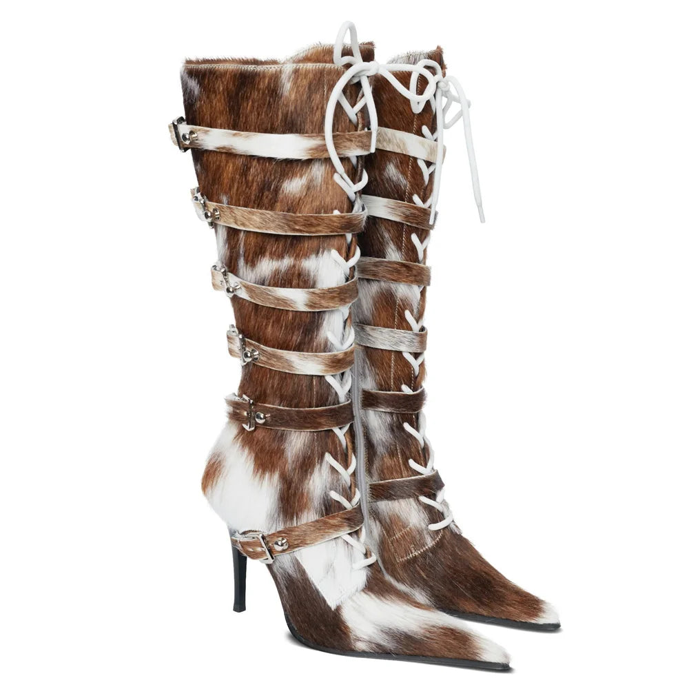 Horsehair Metal Rivet Buckle Betl Long Boots Thick Heel Sexy Pointed Toe Zipper New Arrivals Fashion Women Modern Boots
