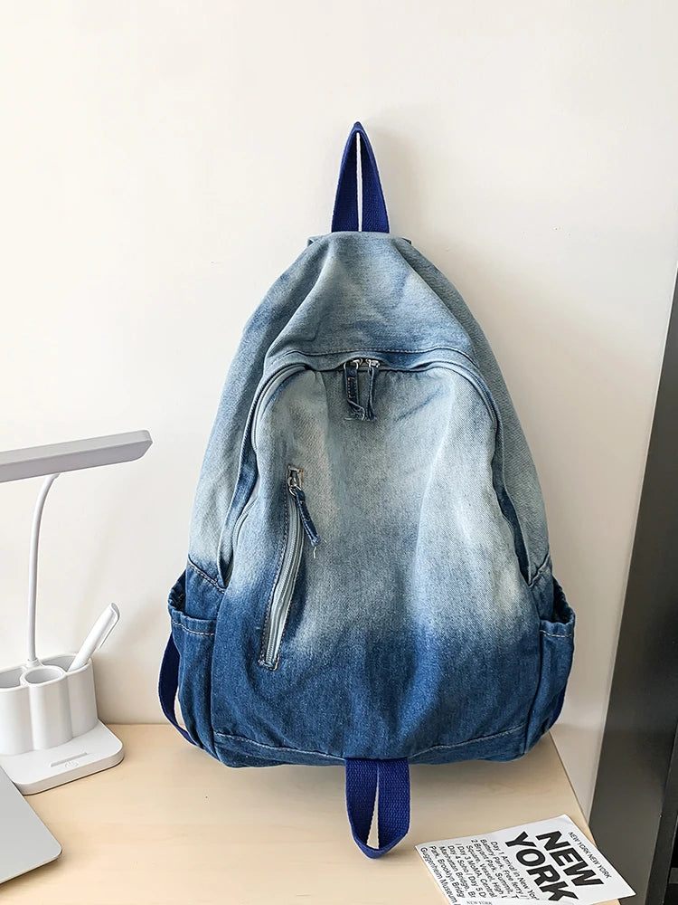 Men's and Women's Backpacks, Student School Bags, Large-Capacity Washed Denim Bags