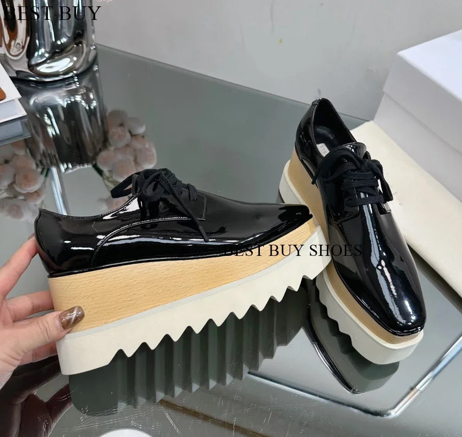 Women Fashion patent Stars high Loafers Shoes Lady Square Toe lace-up Thick Bottom Platform Wedge Shoes For Women sneakers