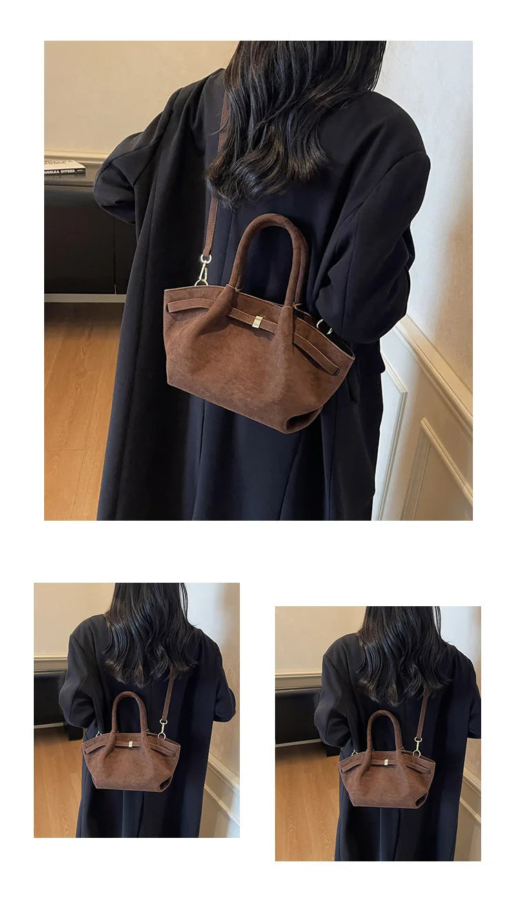 Matte Leather Suede Tote Handbags for Women Large Capacity Retro Shoulder Bag Fall Winter Belt Design Female Crossbody Bags