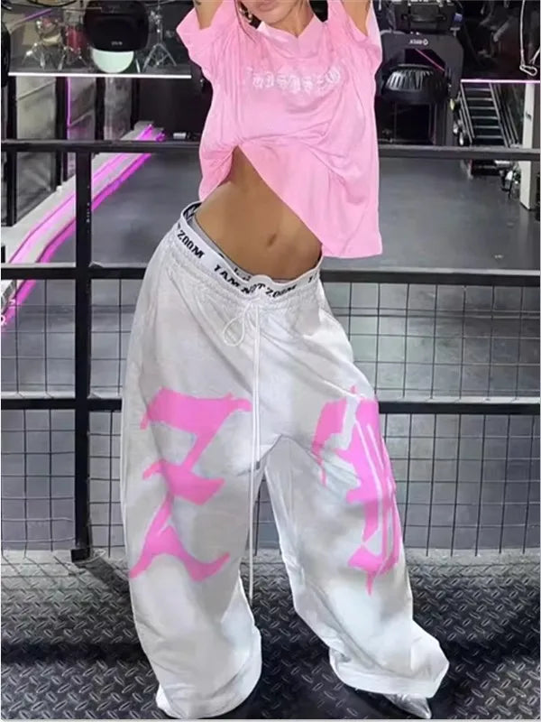 American Hiphop Street Dance Letter Print Loose Sports Pants Double Waist for Women Casual Wide Leg Pants Comfortable Fit