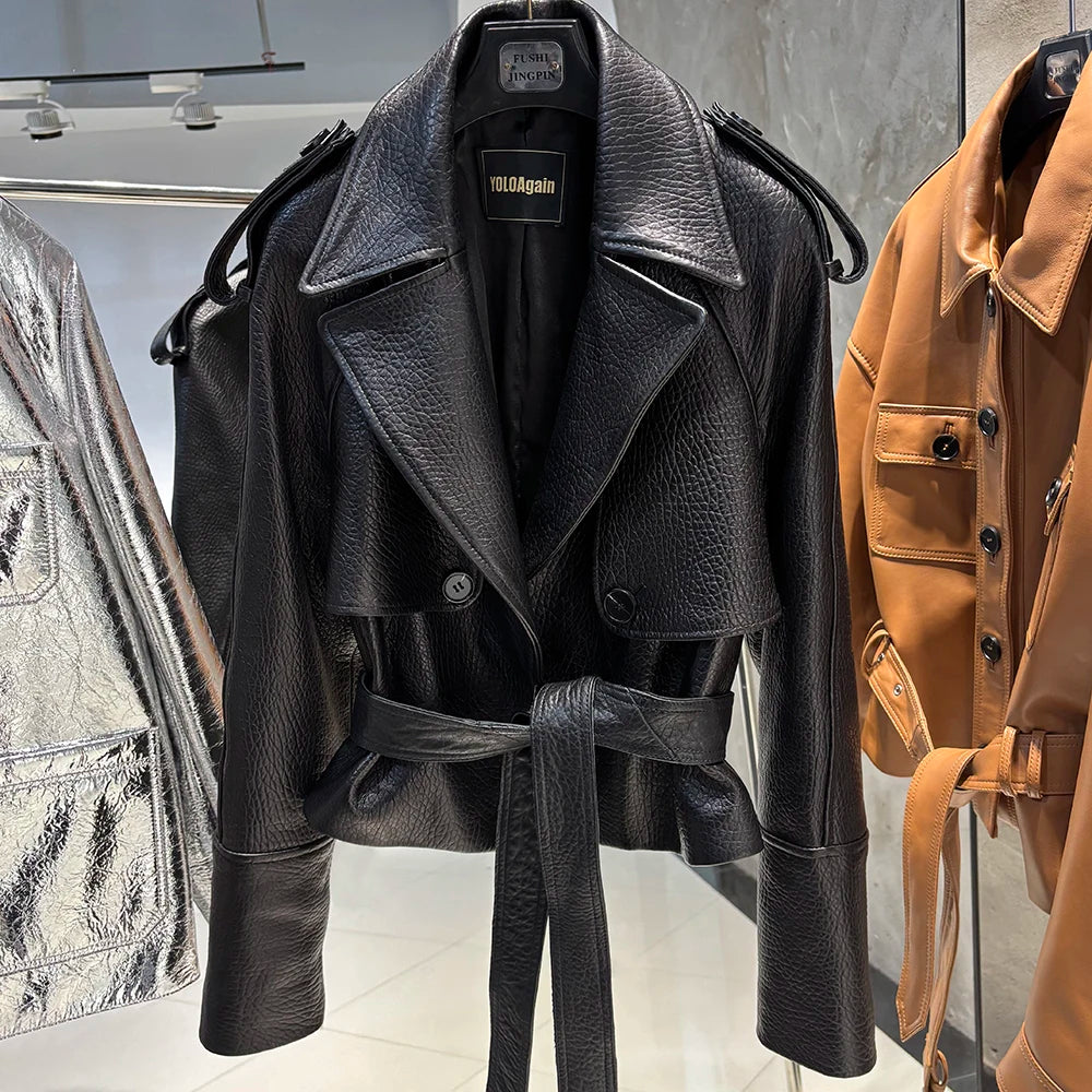 YOLOAgain Real Leather Jacket Women Burgundy Grain Leather Jacket With Belt