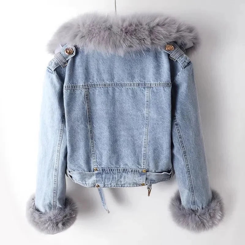 Winter Denim Jacket With Women's Fleece Warm Cowboy Coat New Detachable Imitation Fox Rabbit Fur Inner liner Short Denim Jacket