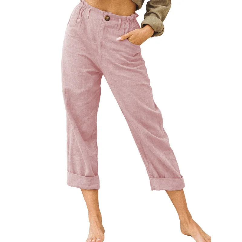 Summer 2024 new ladies cotton and linen straight tube cropped casual and comfortable simple women radish pants