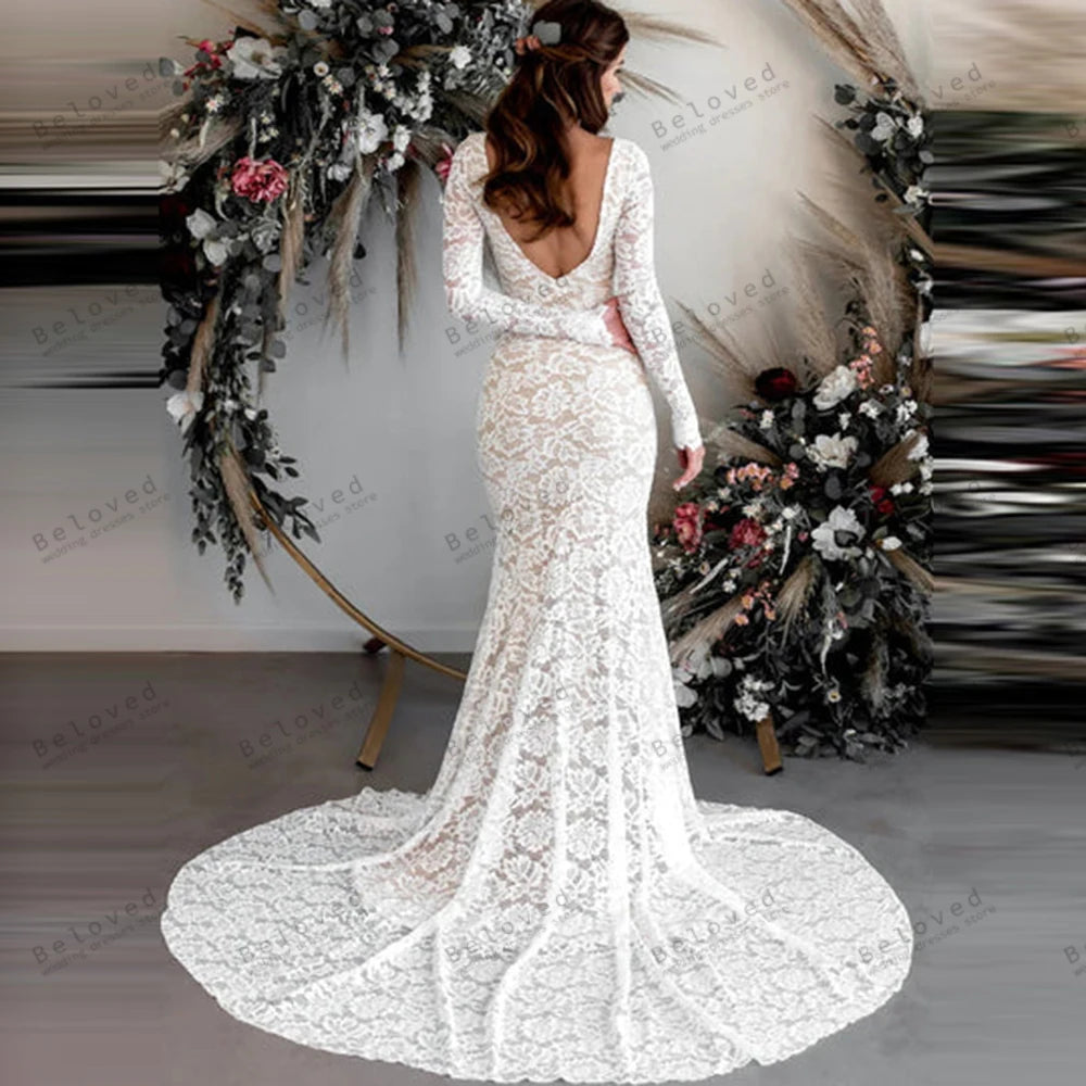 Glamorous Wedding Dresses Gorgeous Bridal Gowns Lace Tiered Robes Full Sleeves Backless Graceful Customized Vestidos De Novia