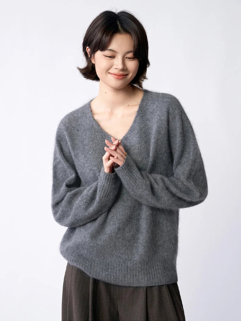 SuyaDream, Women Fleece Pullovers, V Neck, 3.8%Cashmere 96.2%Wool, Chic Warm Sweaters, 2025 Fall Winter Solid Top, Camel, Olive