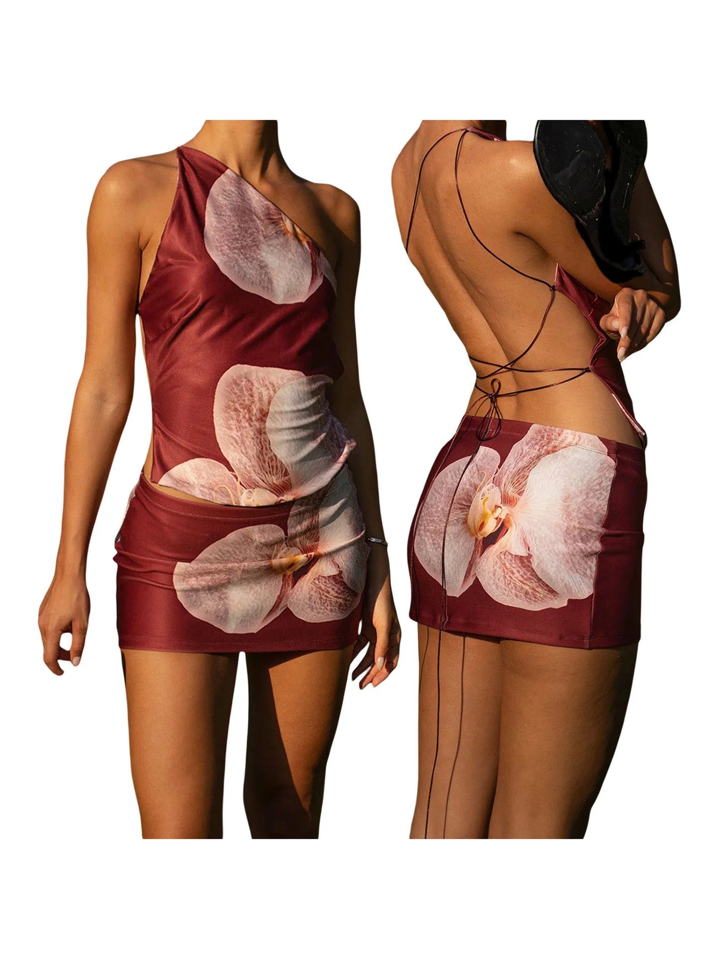 Women's Summer Outfits Abstract Flower Print One Shoulder Tank Tops + Mini Bodycon Skirt Set Party Clothes